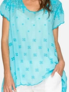Johnny Was Aqua Blue Embroidered Short-Sleeve Tunic